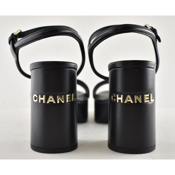 Chanel 24C Black Lambskin Leather Logo Platform Ankle Strap Block Heel Sandal 41 - Picture 10 of 14